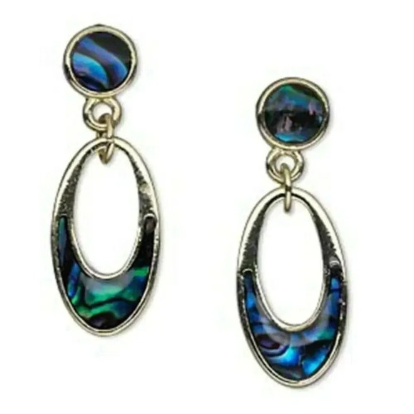 Gold 14K Plated Abalone Shell Open Oval Drop Modernist Post Dangle Earrings - Picture 1 of 1